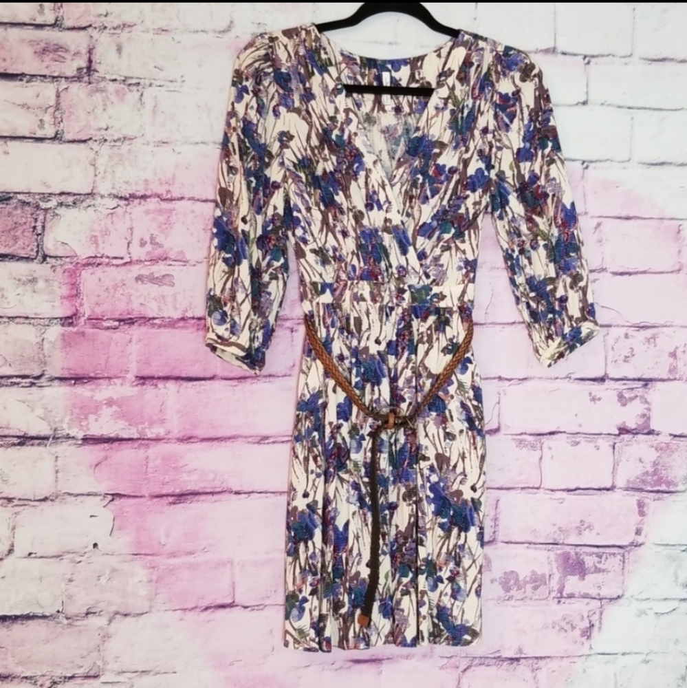 ANTHROPOLOGIE WILLOW & CLAY FLORAL FAUX WRAP BELTED DRESS